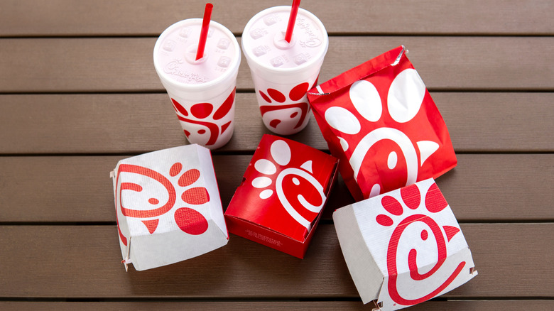 Top view of Chick-fil-A food and beverages on a table