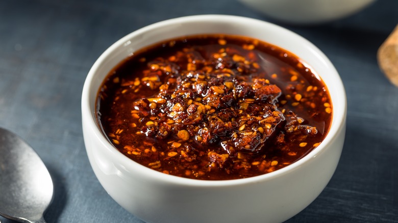 Chili oil in ceramic bowl