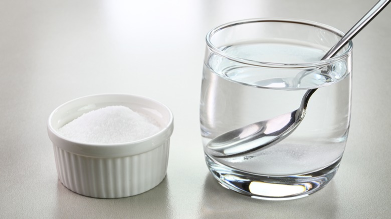 small bowl of salt and glass of water with spoon