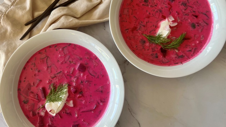 bowls with borscht soup