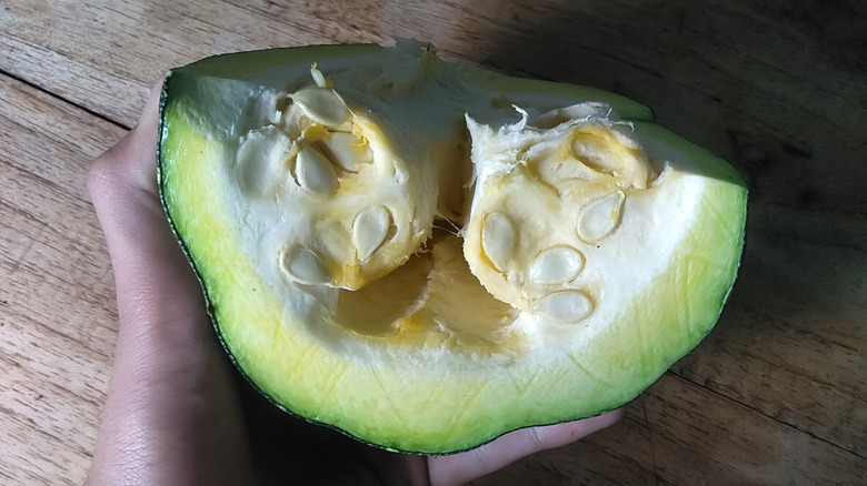 sliced unripe pumpkin with seeds