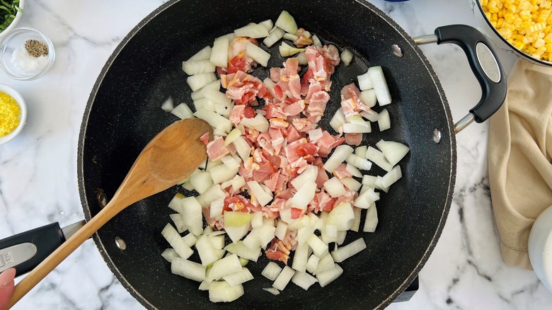 bacon and onions in pan