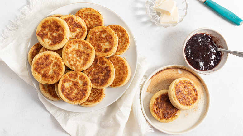 crumpets on plate with jam