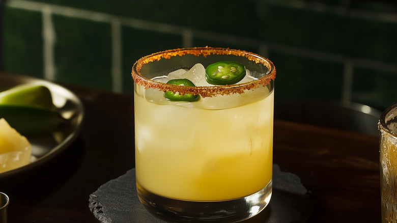 A spicy margarita with a tajín rim and sliced jalepeños sits on a black coaster