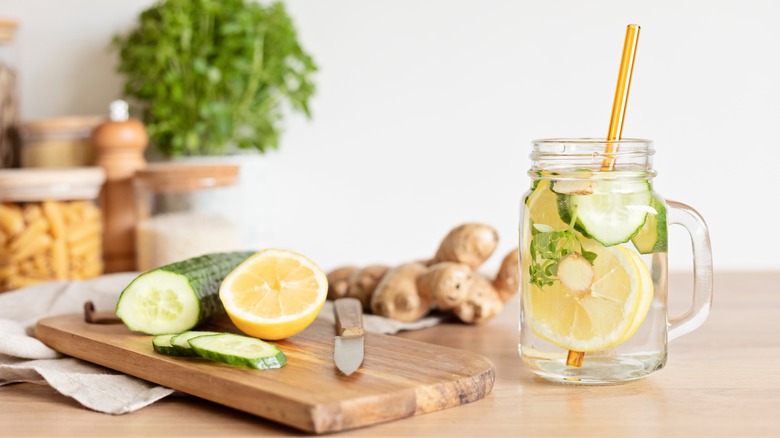 Water with lemon, ginger, and cucumber