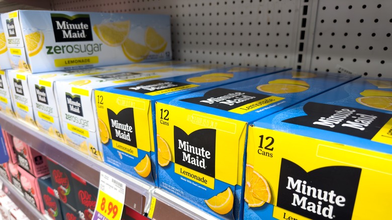 Minute Maid lemonade cases on grocery shelf