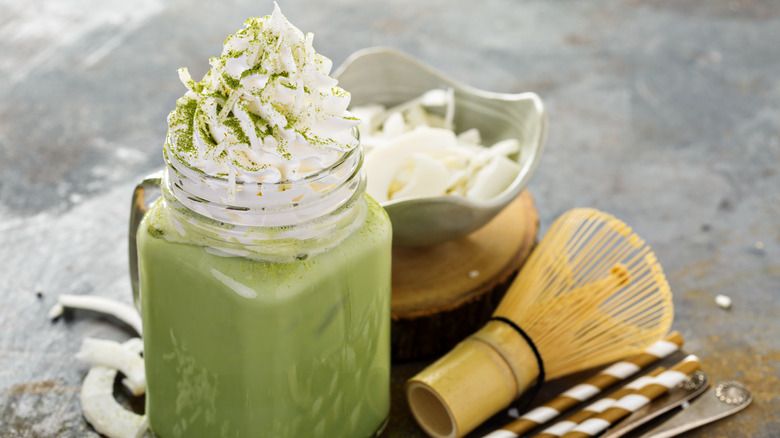 Matcha latte with coconut whipped cream