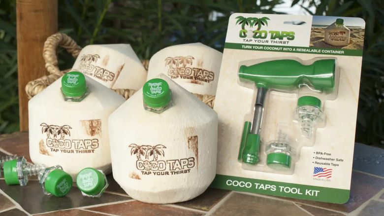 CocoTaps tool kit next to peeled, fresh coconuts with CocoTaps lids screwed in