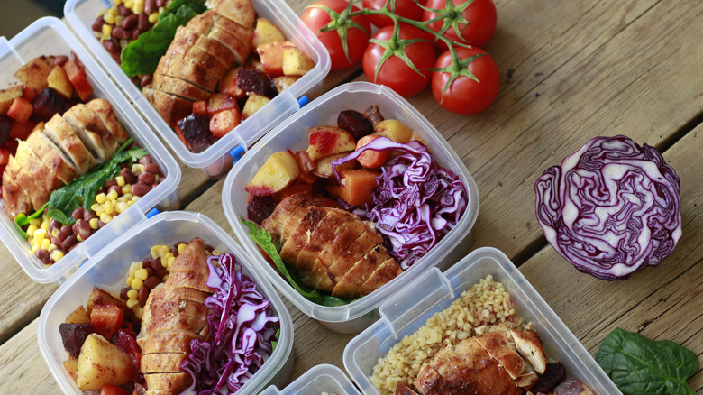 prepared meals sitting in sealable plastic containers