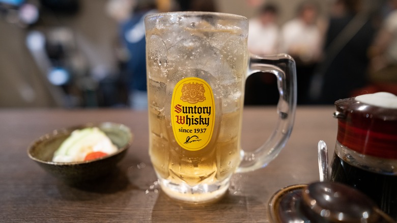 Japanese whisky highball with Suntory logo on glass