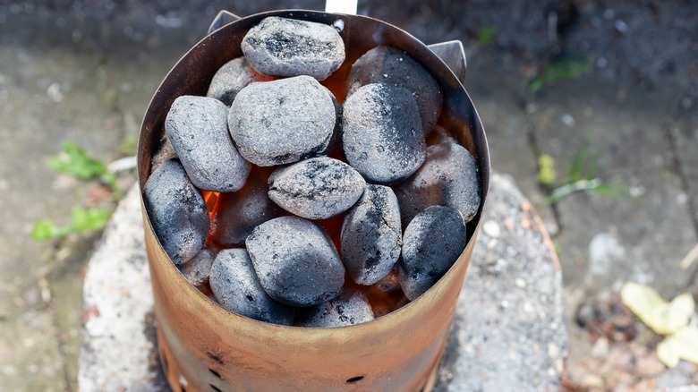 Ashed-over coals in chimney starter