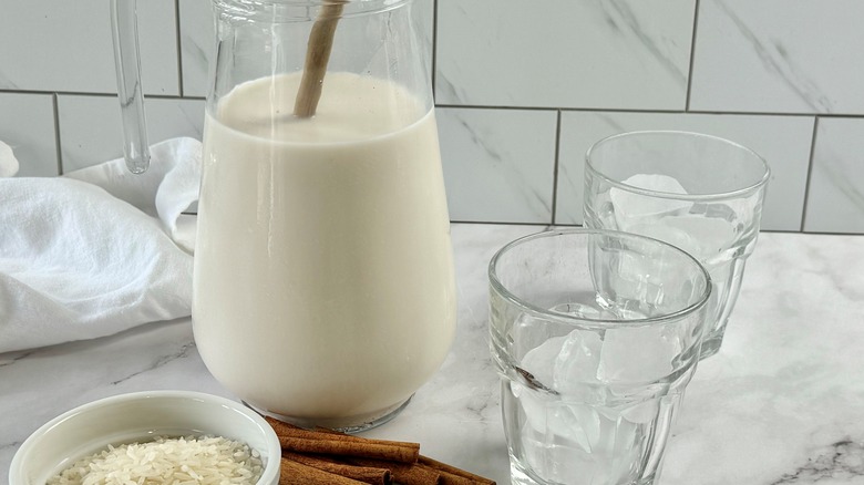 horchata in pitcher with spoon