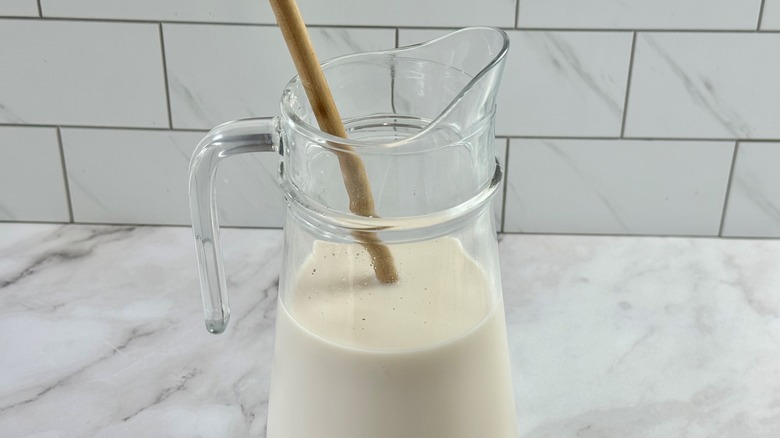 horchata in pitcher with spoon