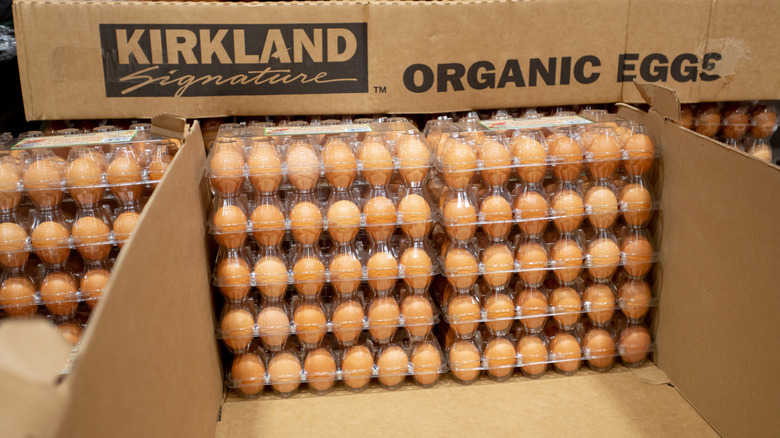 A crate of Kirkland Signature organic eggs