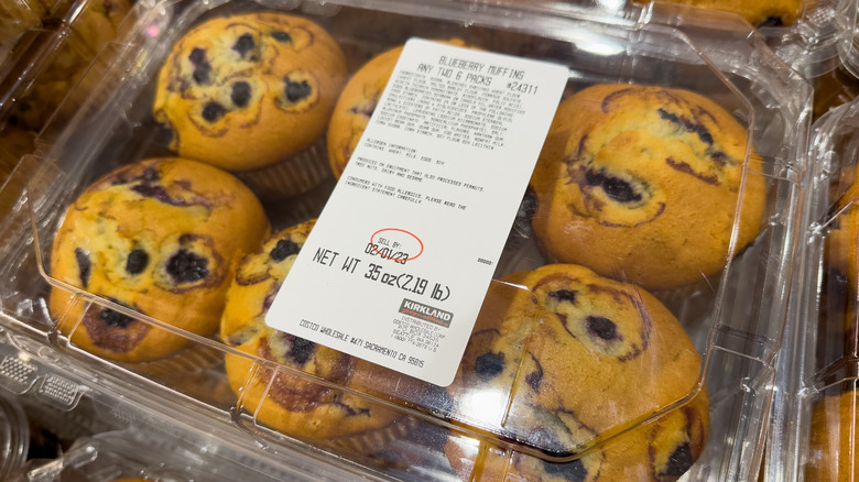 Kirkland Signature blueberry muffins on a shelf at Costco