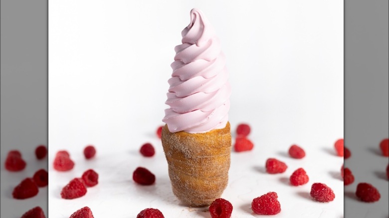 Crispy Cone with red raspberry soft serve ice cream
