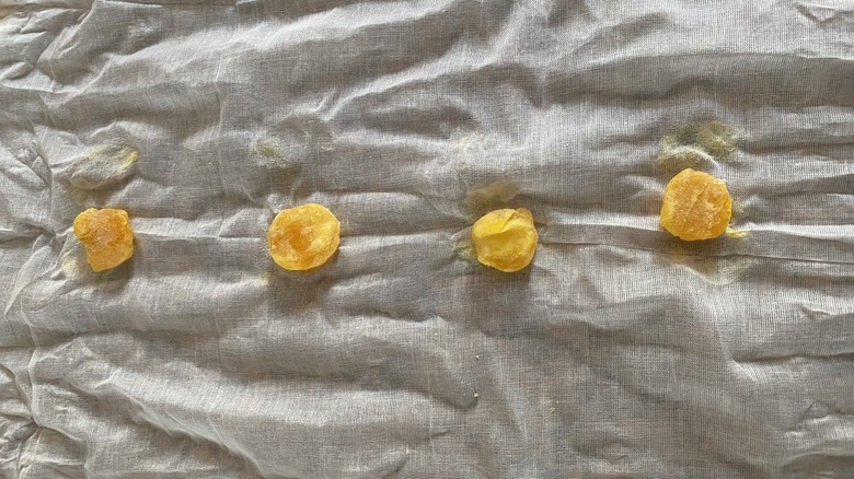 Salt cured egg yolks on cheesecloth