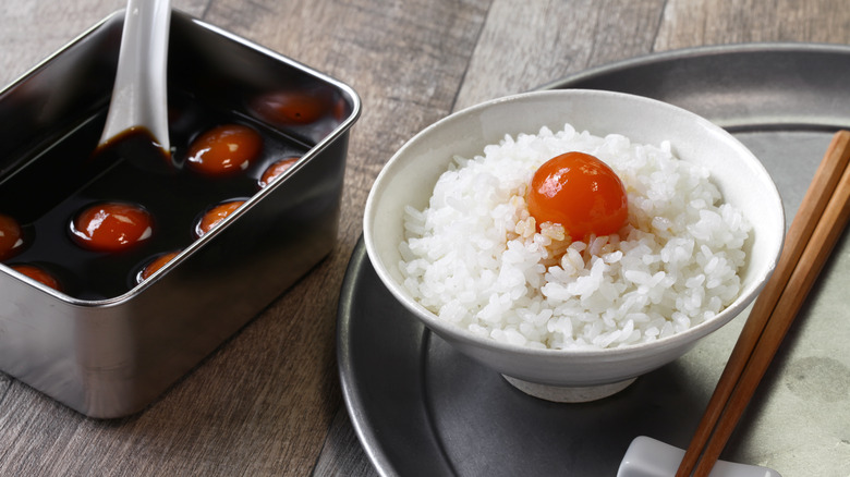 Soy sauce cured eggs in rice bowl