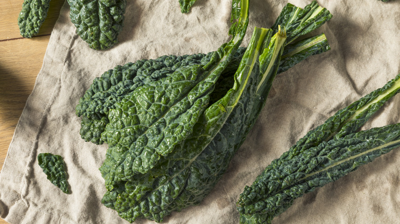 Leaves of Tuscan kale lying on a beige kitchen towel