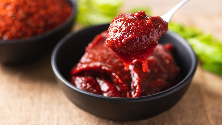 Close up of gochujang fermented chili paste