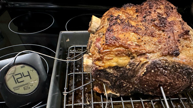 Meat thermometer in prime rib roast