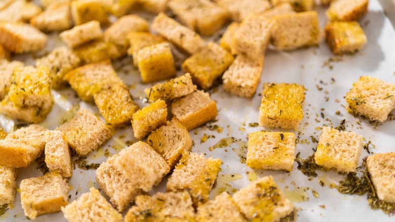 Tray of homemade croutons