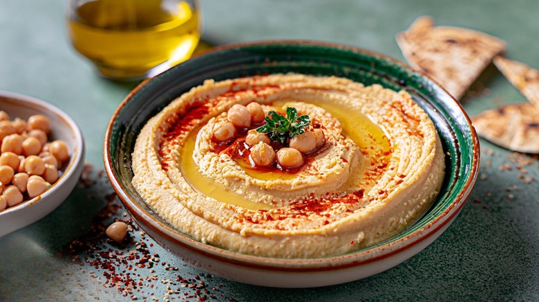 Hummus topped with garbanzo beans