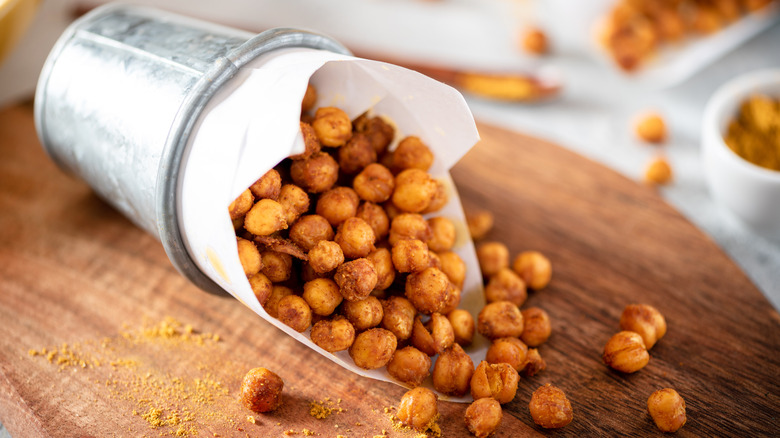 Roasted chickpeas in metal cup