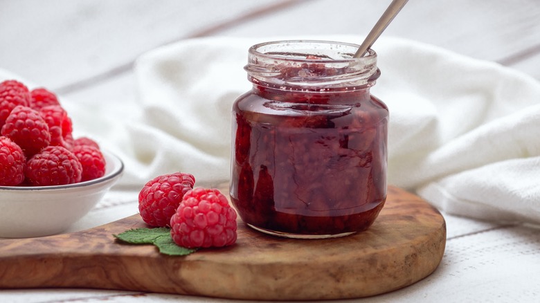 Jar of berry jam on board