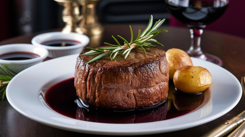 Filet mignon in a red wine reduction on a white plate