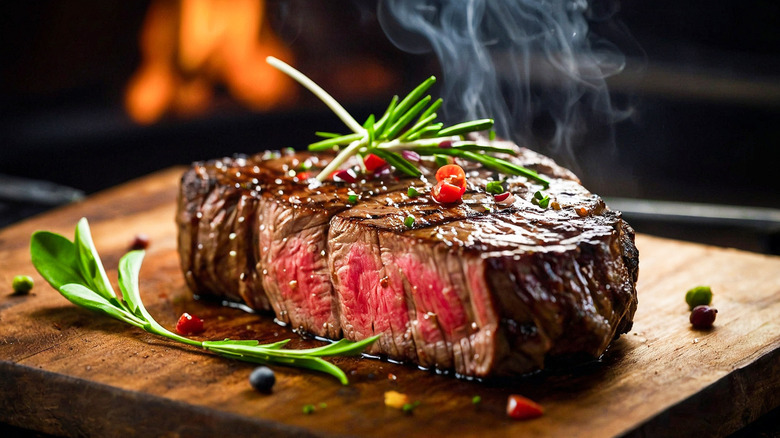 Close-up of a garnished seared steak, medium-rare