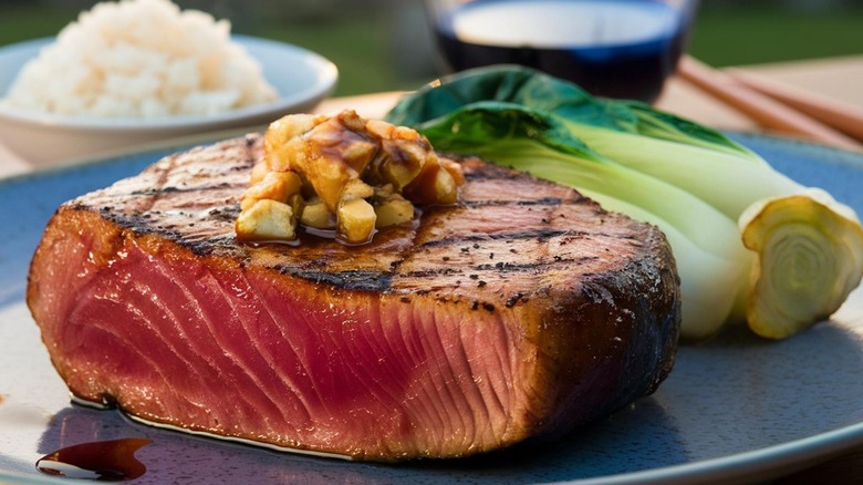 tuna steak next to grilled leaks on a blue plate