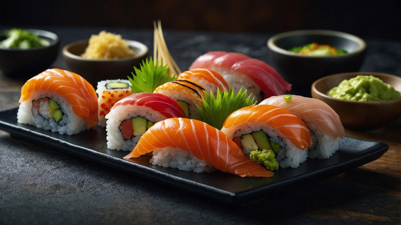 sushi rolls on a black plate