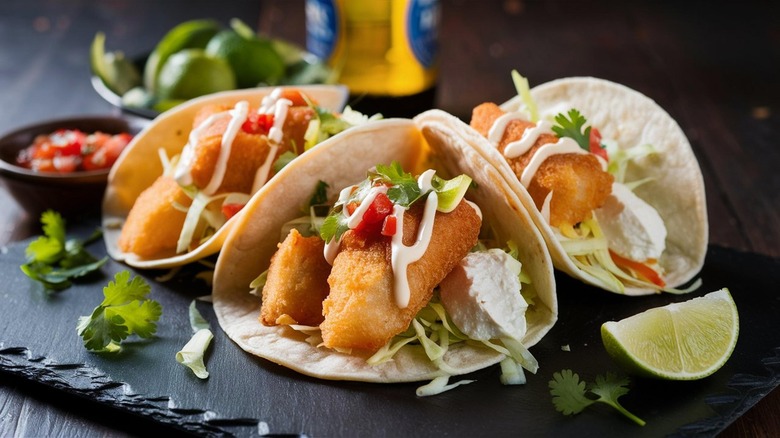 A trio of fried fish tacos next to a lime wedge