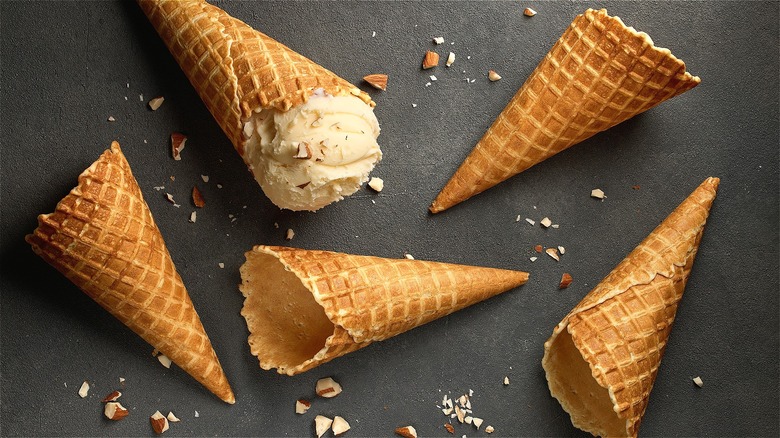 Waffle cones on grey background