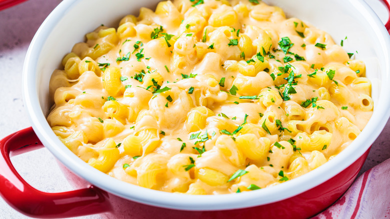 A closeup of creamy mac and cheese