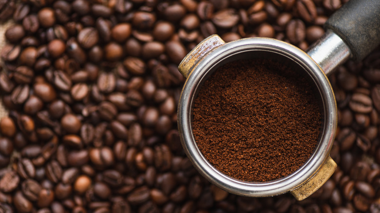 Metal espresso spoon full of coffee grounds on bed of coffee beans