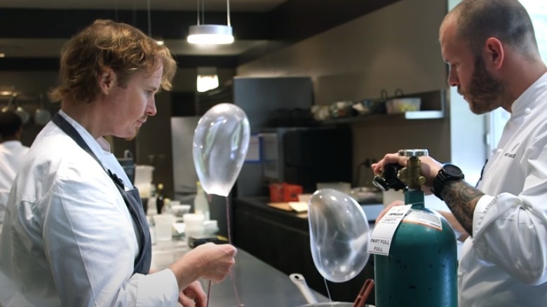 Chefs Mike Bagale and Grant Achatz of Alinea restaurant making edible helium balloons