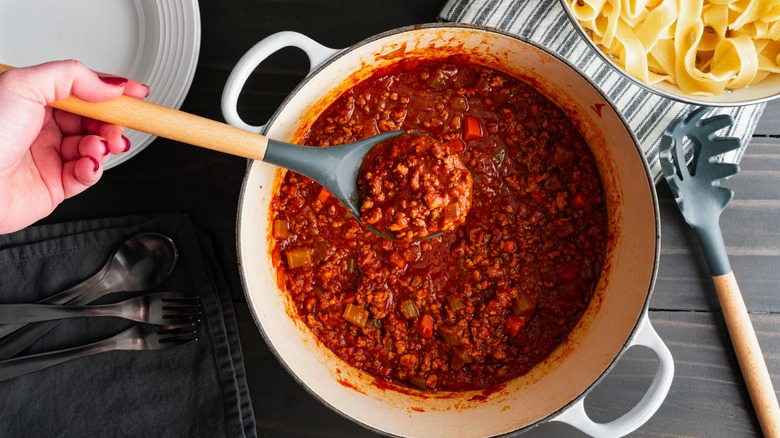 Tomato-based ragu sauce in a pan