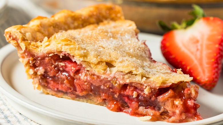 Strawberry rhubarb pie on a plate