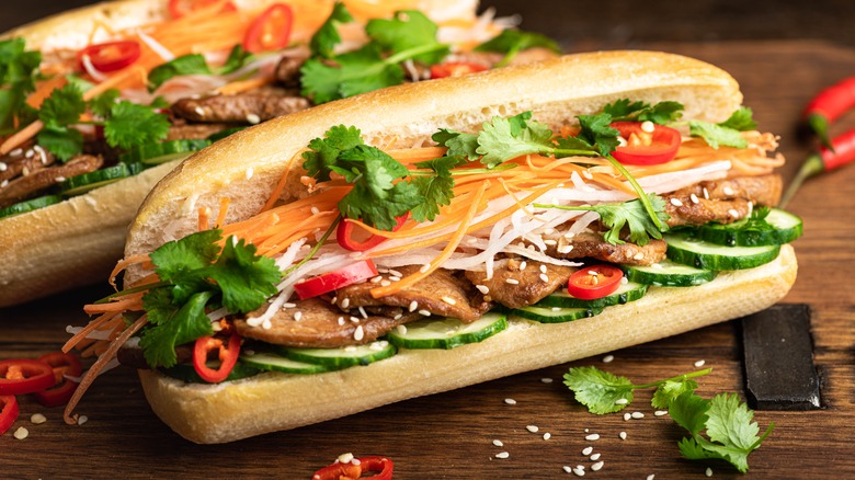 A banh mi sandwich with all the toppings