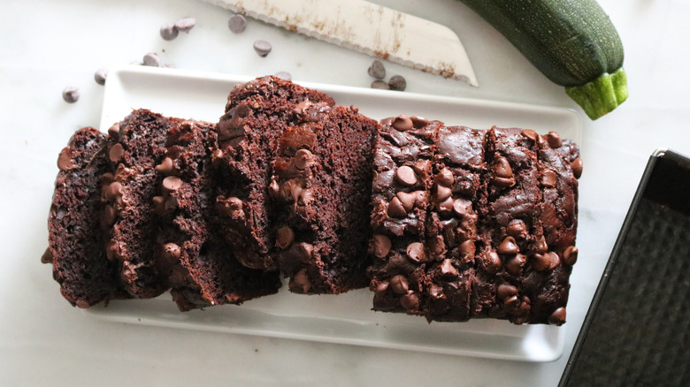 sliced loaf of chocolate zucchini bread