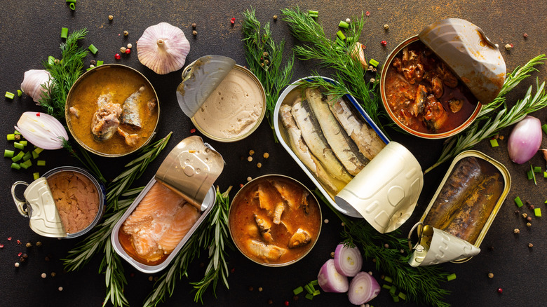 Variety of tinned fish with fresh herbs