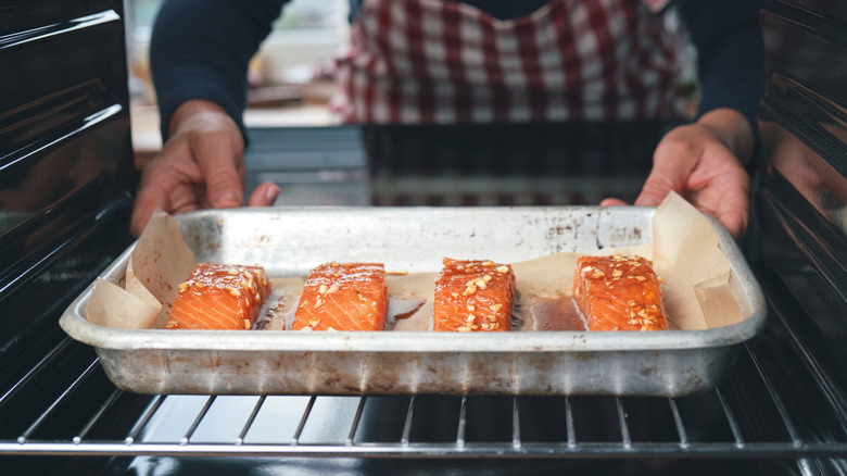 Salmon fillets cooking in the oven