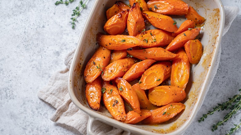 Honey glazed carrots in pan