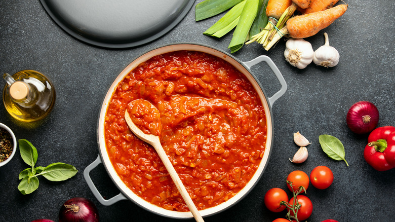 Homemade tomato sauce with ingredients