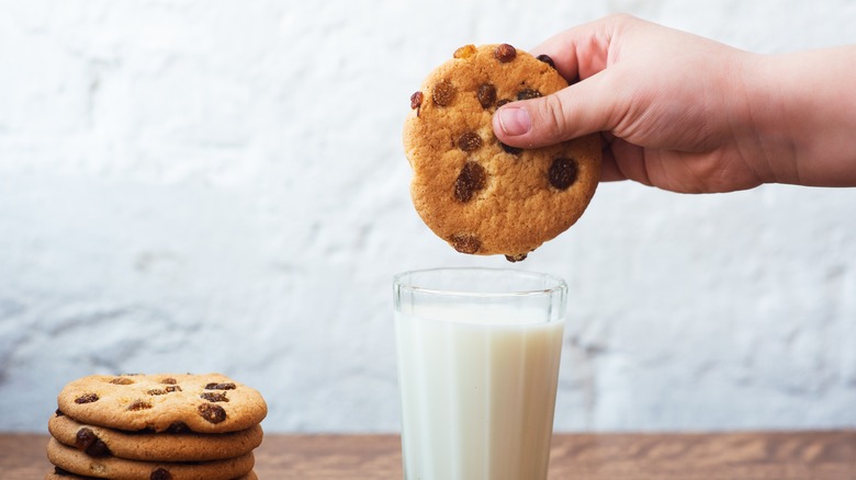 Hand holding chocolate chip cookie over glass of milk next to stack of cookies