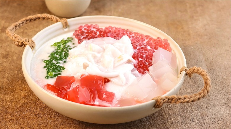 Filipino buko salad with cream, tapioca pearls, and fruit gels