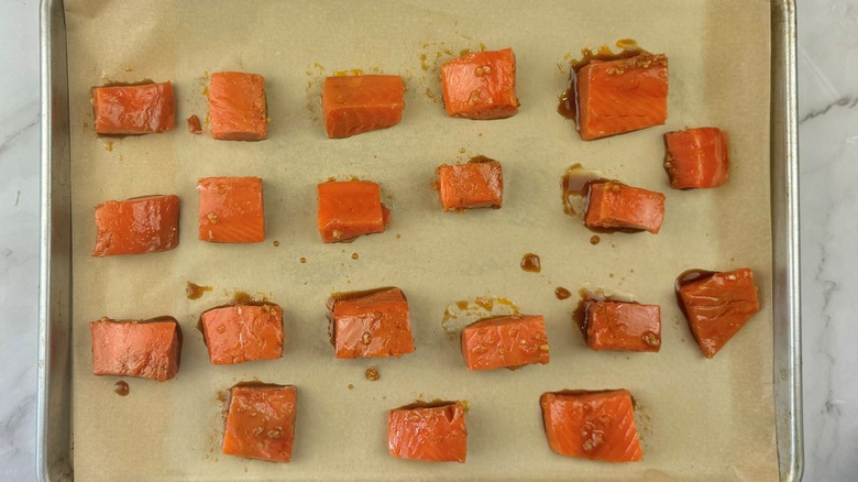 salmon chunks in baking pan