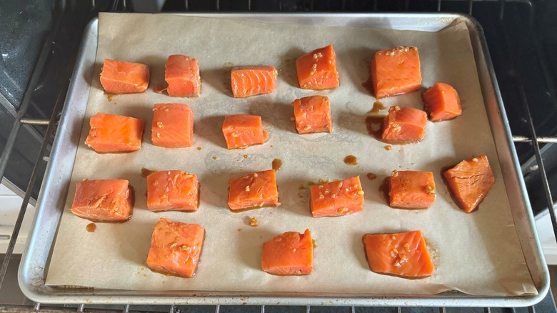 salmon chunks in baking pan